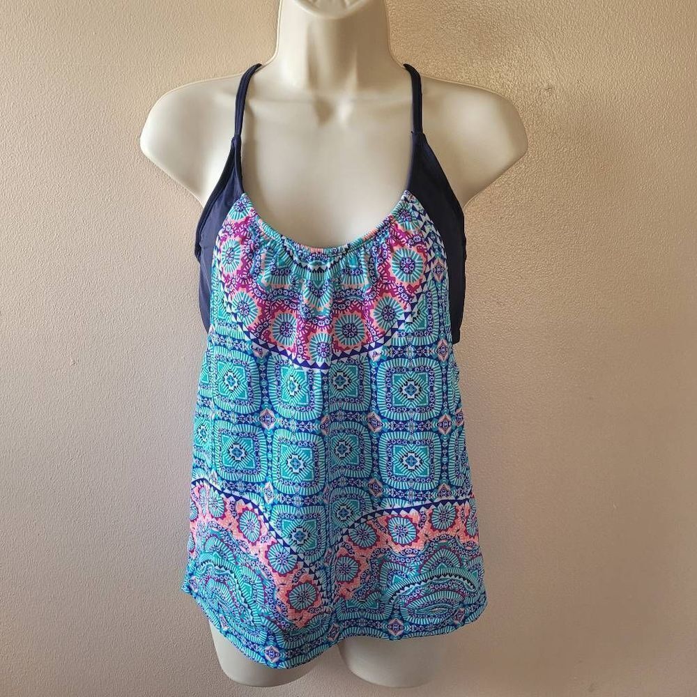 Athleta Blue Fiji Blousy Geometric Pattern Tankini Top 34D/DD